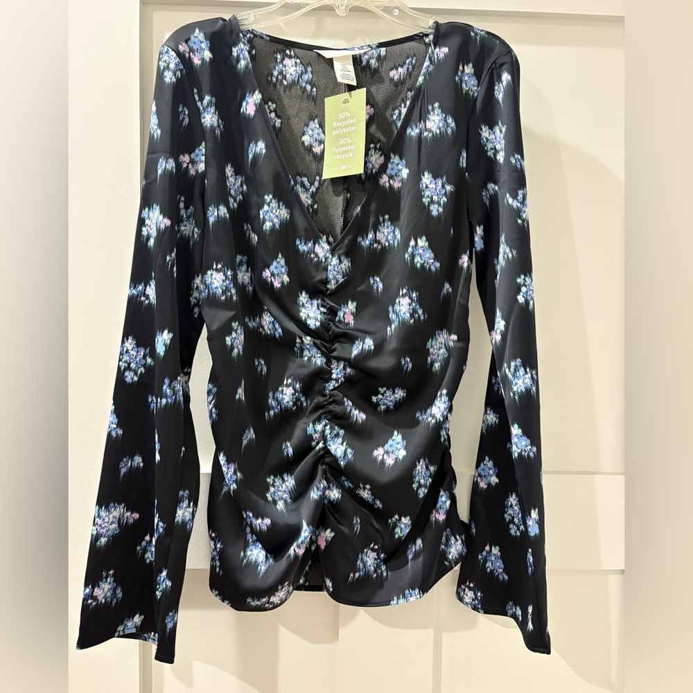 H&M Black Floral Ruched Blouse